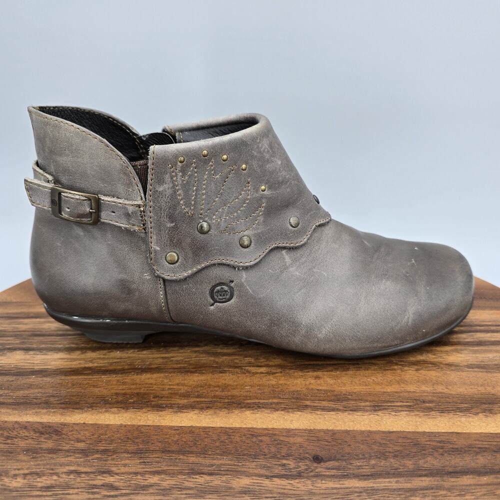 Born Boots Womens 7 Gray Taupe Leather Studded Western Side Zip Ankle Booties